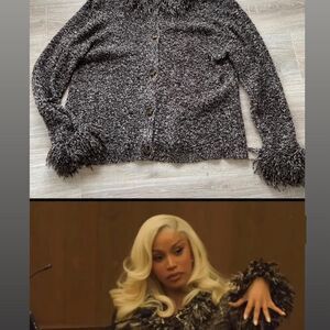 Vintage XL Brown and White Fuzzy Cardigan Sweater Cardi B Court Outfit Alt. Boho